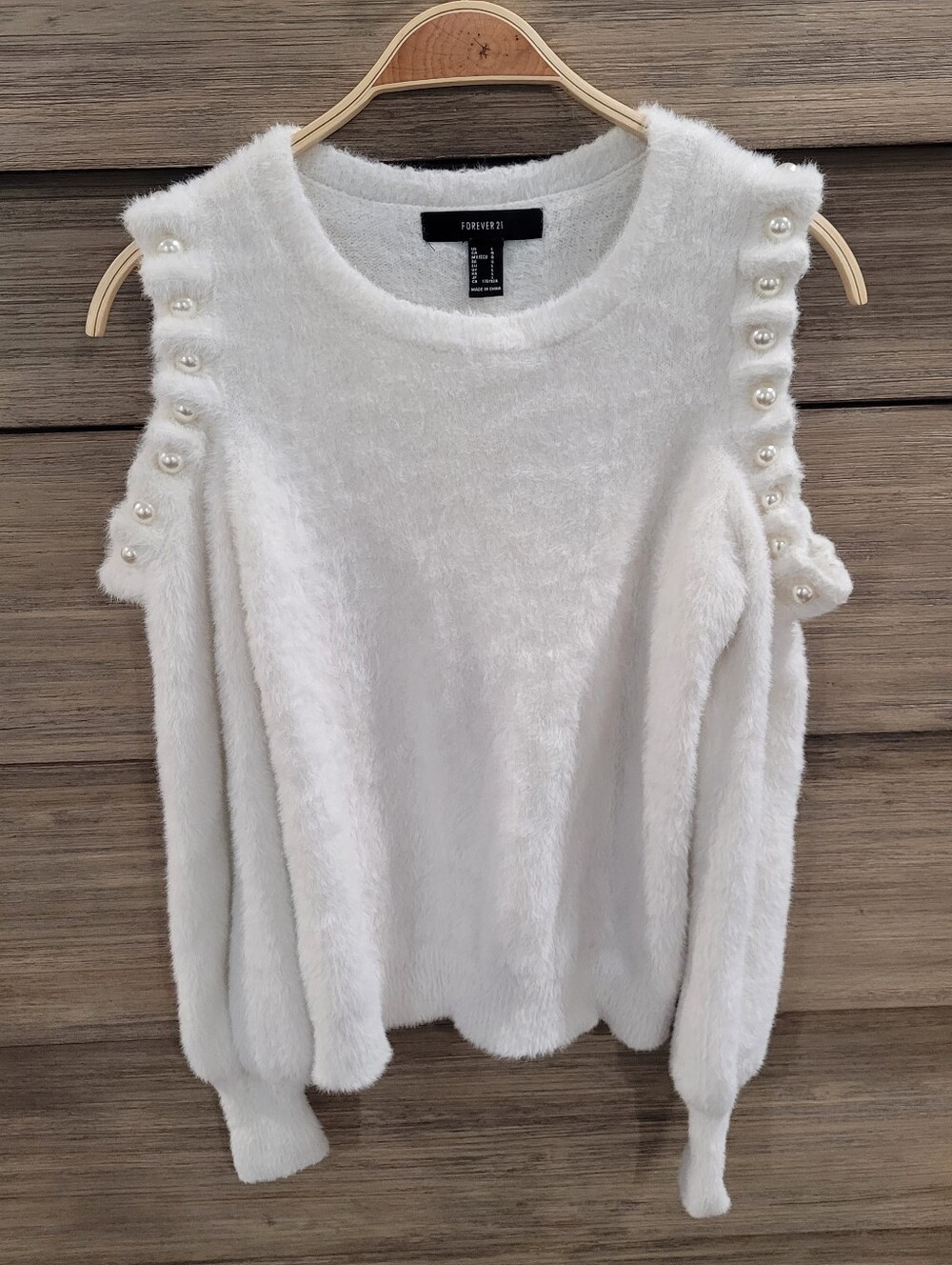 Forever 21 Soft Fuzzy Cold-Shoulder Sweater with Pearl Trim